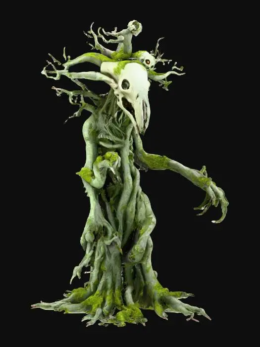 3D model for fantasy tree humanoid monster, body masive coiled from branches, many long branchy tendrils grow from the body like spider tentacles, head in the shape of the skull of an extinct monster, body covered with moss and lichen, detailed scary face with glowing eyes, extremely detailed, high sharp resolution texture, hyperresolution, epic stance