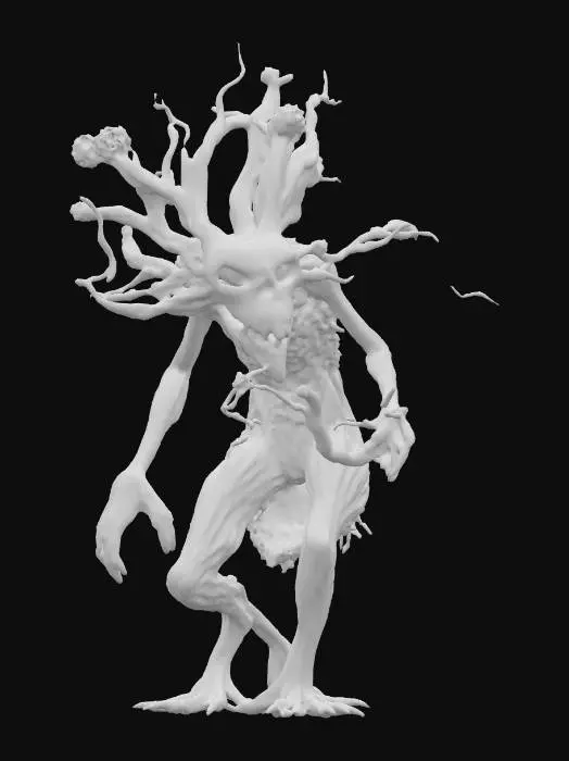 3D model for fantasy tree humanoid monster, body masive coiled from branches, many long branchy tendrils grow from the body like spider tentacles, head in the shape of the skull of an extinct monster, body covered with moss and lichen, detailed scary face with glowing eyes, extremely detailed, high sharp resolution texture, hyperresolution, epic stance