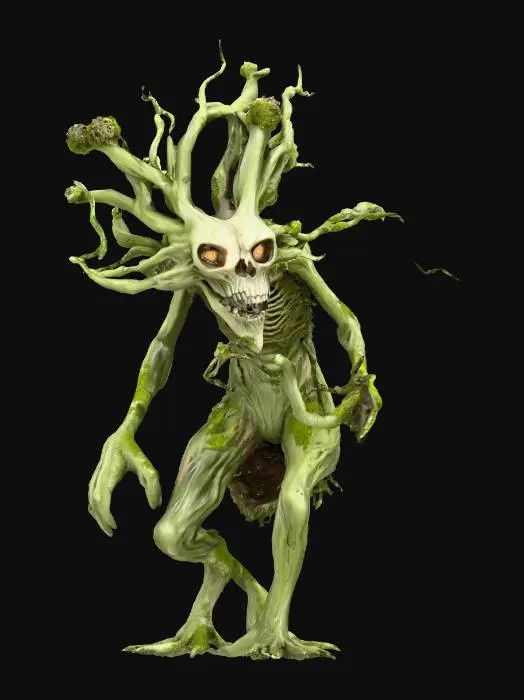 3D model for fantasy tree humanoid monster, body masive coiled from branches, many long branchy tendrils grow from the body like spider tentacles, head in the shape of the skull of an extinct monster, body covered with moss and lichen, detailed scary face with glowing eyes, extremely detailed, high sharp resolution texture, hyperresolution, epic stance