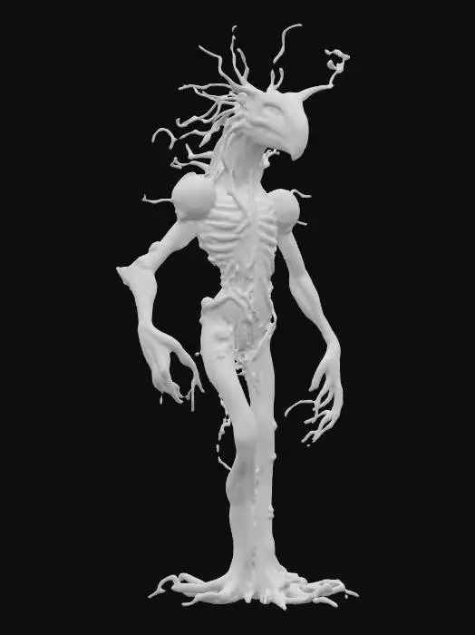 3D model for fantasy tree humanoid monster, body masive coiled from branches, many long branchy tendrils grow from the body like spider tentacles, head in the shape of the skull of an extinct monster, body covered with moss and lichen, detailed scary face with glowing eyes, extremely detailed, high sharp resolution texture, hyperresolution, epic stance
