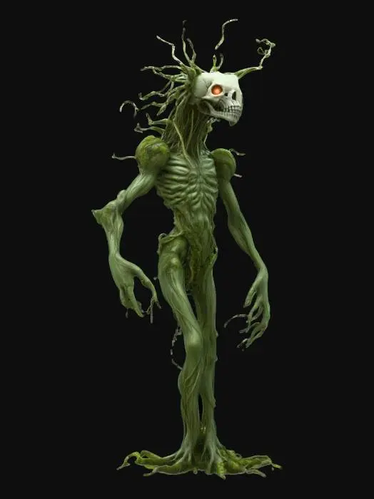 3D model for fantasy tree humanoid monster, body masive coiled from branches, many long branchy tendrils grow from the body like spider tentacles, head in the shape of the skull of an extinct monster, body covered with moss and lichen, detailed scary face with glowing eyes, extremely detailed, high sharp resolution texture, hyperresolution, epic stance