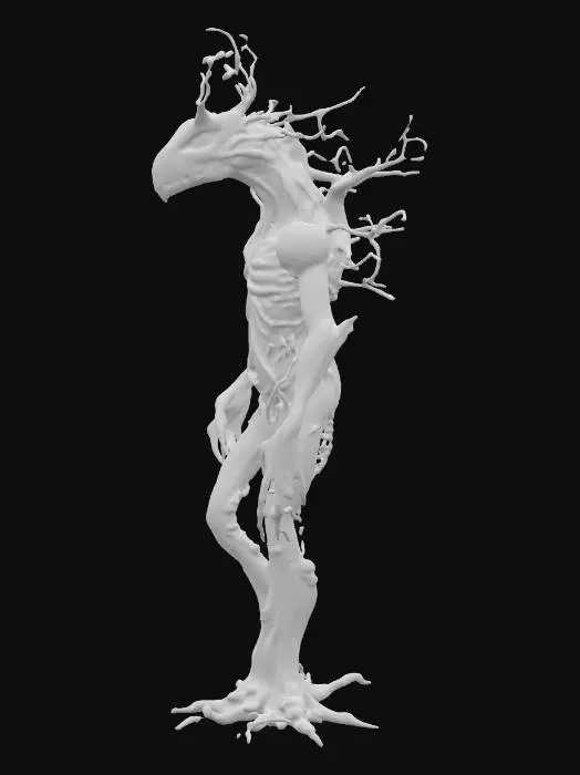3D model for fantasy tree humanoid monster, body masive coiled from branches, many long branchy tendrils grow from the body like spider tentacles, head in the shape of the skull of an extinct monster, body covered with moss and lichen, detailed scary face with glowing eyes, extremely detailed, high sharp resolution texture, hyperresolution, epic stance