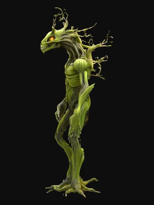 3D model for fantasy tree humanoid monster, body masive coiled from branches, many long branchy tendrils grow from the body like spider tentacles, head in the shape of the skull of an extinct monster, body covered with moss and lichen, detailed scary face with glowing eyes, extremely detailed, high sharp resolution texture, hyperresolution, epic stance