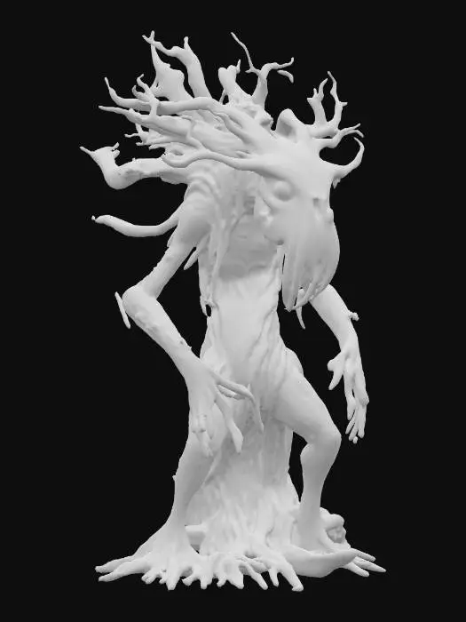 3D model for fantasy tree humanoid monster, body masive coiled from branches, many long branchy tendrils grow from the body like spider tentacles, head in the shape of the skull of an extinct monster, body covered with moss and lichen, detailed scary face with glowing eyes, extremely detailed, high sharp resolution texture, hyperresolution, epic stance