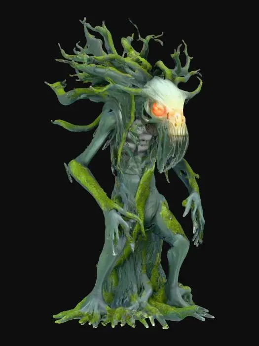 3D model for fantasy tree humanoid monster, body masive coiled from branches, many long branchy tendrils grow from the body like spider tentacles, head in the shape of the skull of an extinct monster, body covered with moss and lichen, detailed scary face with glowing eyes, extremely detailed, high sharp resolution texture, hyperresolution, epic stance