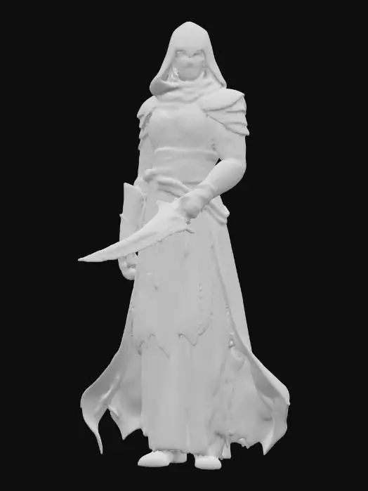 3D model for fantasy mystic wanderer from forgotten realms; elegant and tall posture; wears layered ancient robes combined with fragments of enchanted armor; face hidden beneath a deep hood, only faint glowing runes are visible where eyes should be; carries a curved crystal blade infused with lost magic; floating talismans orbit slowly around the figure; surrounded by a faint shimmering aura; symbol of prophecy and forgotten power; extremely detailed, high resolution texture, epic stance
