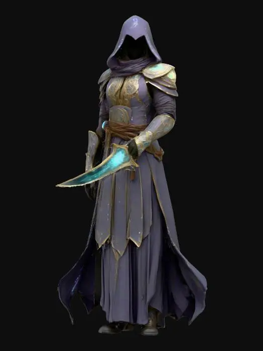 3D model for fantasy mystic wanderer from forgotten realms; elegant and tall posture; wears layered ancient robes combined with fragments of enchanted armor; face hidden beneath a deep hood, only faint glowing runes are visible where eyes should be; carries a curved crystal blade infused with lost magic; floating talismans orbit slowly around the figure; surrounded by a faint shimmering aura; symbol of prophecy and forgotten power; extremely detailed, high resolution texture, epic stance