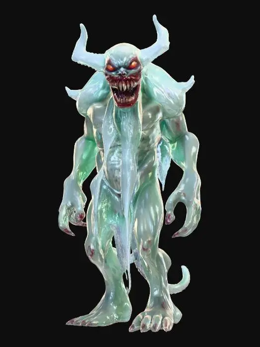 3D model for fantasy monstrous demon made of gel material, stocky body with a scary face, the entire body is made of a transparent gel-like-slime substance, in places the gel dissolves and drips and flows, detailed scary-looking face with a scary mouth and fangs, demonic eyes, extremely detailed, high resolution texture, epic stance, #PBR#