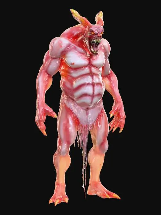 3D model for fantasy monstrous demon made of gel material, stocky body with a scary face, the entire body is made of a transparent gel-like-slime substance, in places the gel dissolves and drips and flows, detailed scary-looking face with a scary mouth and fangs, demonic eyes, extremely detailed, high resolution texture, epic stance, #PBR#