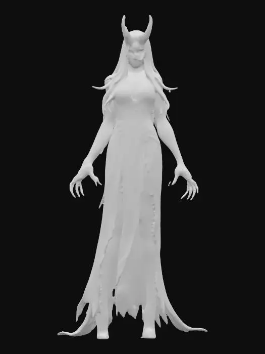 3D model for fantasy female banshee, slim elegant body, long straight hair sticking out like blades, elegant robe torn into individual shreds, hands ending in claws reaching forward, detailed nice terrifying female face, extremely detailed, high sharp resolution texture, hyperrealistic, epic stance