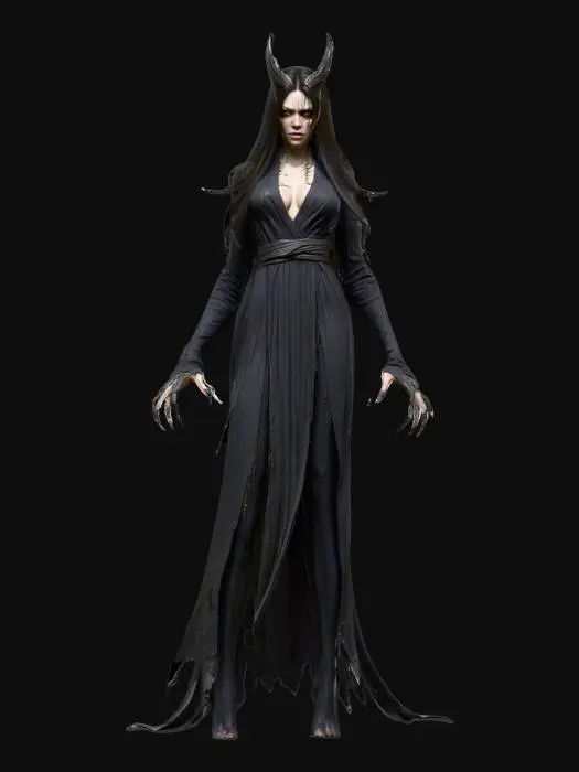 3D model for fantasy female banshee, slim elegant body, long straight hair sticking out like blades, elegant robe torn into individual shreds, hands ending in claws reaching forward, detailed nice terrifying female face, extremely detailed, high sharp resolution texture, hyperrealistic, epic stance