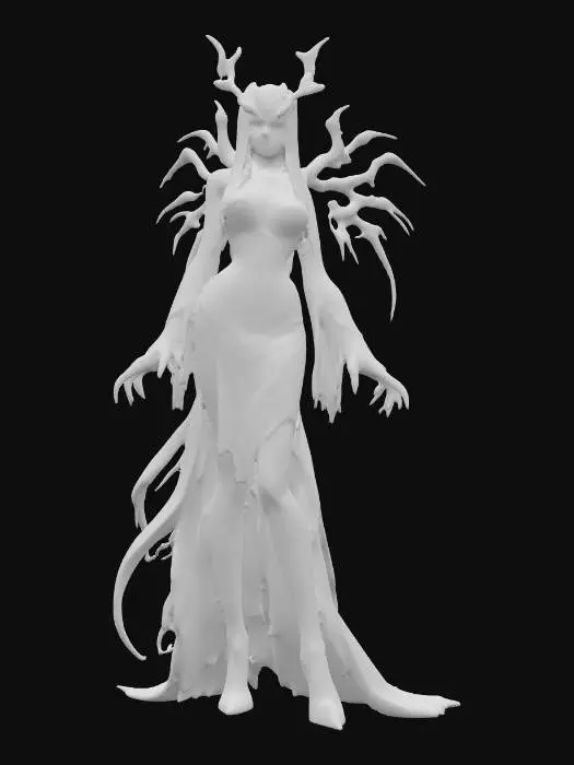 3D model for fantasy female banshee, slim elegant body, long straight hair sticking out like blades, elegant robe torn into individual shreds, hands ending in claws reaching forward, detailed nice terrifying female face, extremely detailed, high sharp resolution texture, hyperrealistic, epic stance