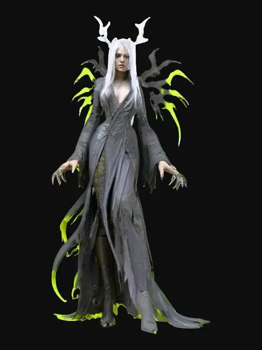 3D model for fantasy female banshee, slim elegant body, long straight hair sticking out like blades, elegant robe torn into individual shreds, hands ending in claws reaching forward, detailed nice terrifying female face, extremely detailed, high sharp resolution texture, hyperrealistic, epic stance