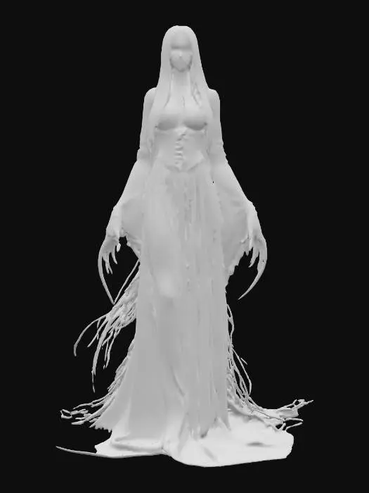 3D model for fantasy female banshee, slim elegant body, long straight hair sticking out like blades, elegant robe torn into individual shreds, hands ending in claws reaching forward, detailed nice terrifying female face, extremely detailed, high sharp resolution texture, hyperrealistic, epic stance
