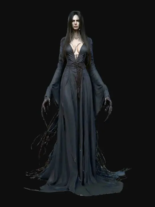 3D model for fantasy female banshee, slim elegant body, long straight hair sticking out like blades, elegant robe torn into individual shreds, hands ending in claws reaching forward, detailed nice terrifying female face, extremely detailed, high sharp resolution texture, hyperrealistic, epic stance