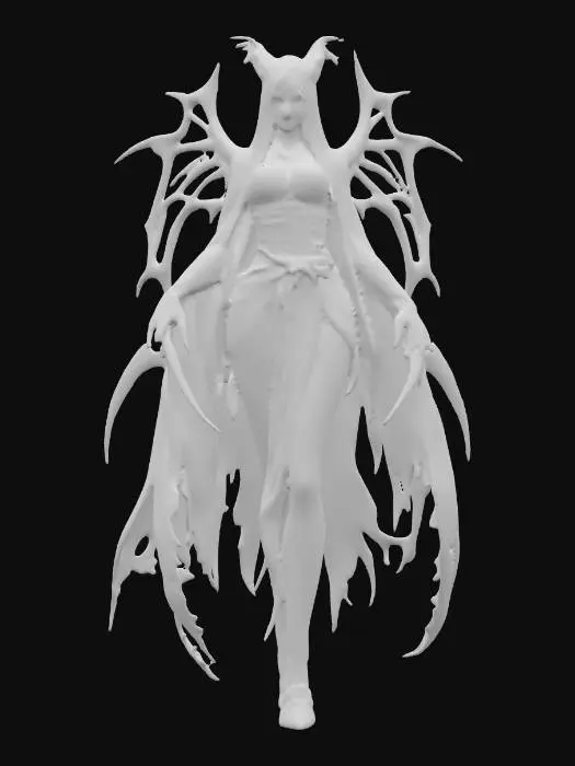 3D model for fantasy female banshee, slim elegant body, long straight hair sticking out like blades, elegant robe torn into individual shreds, hands ending in claws reaching forward, detailed nice terrifying female face, extremely detailed, high sharp resolution texture, hyperrealistic, epic stance