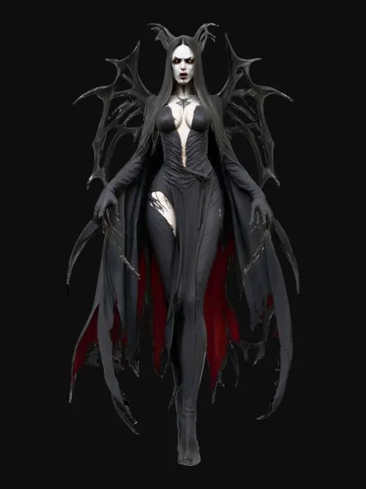 3D model for fantasy female banshee, slim elegant body, long straight hair sticking out like blades, elegant robe torn into individual shreds, hands ending in claws reaching forward, detailed nice terrifying female face, extremely detailed, high sharp resolution texture, hyperrealistic, epic stance