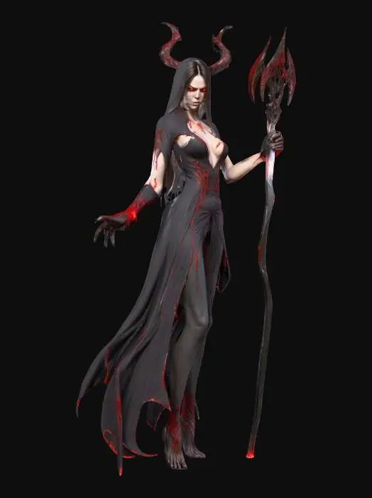 3D model for fantasy female banshee, slim elegant body, long straight hair sticking out like blades, elegant robe torn into individual shreds, hands ending in claws reaching forward, detailed nice terrifying female face, extremely detailed, high sharp resolution texture, hyperrealistic, epic stance