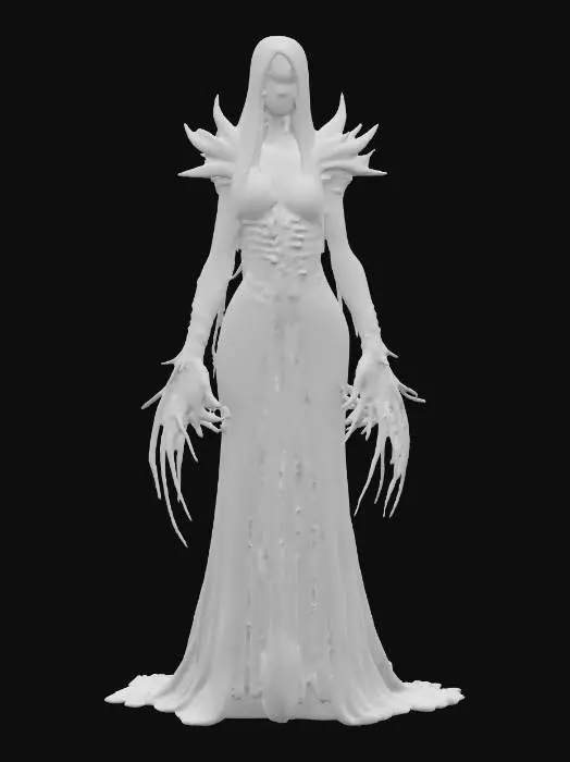 3D model for fantasy female banshee, slim elegant body, long straight hair sticking out like blades, elegant robe torn into individual shreds, hands ending in claws reaching forward, detailed nice terrifying female face, extremely detailed, high sharp resolution texture, hyperrealistic, epic stance