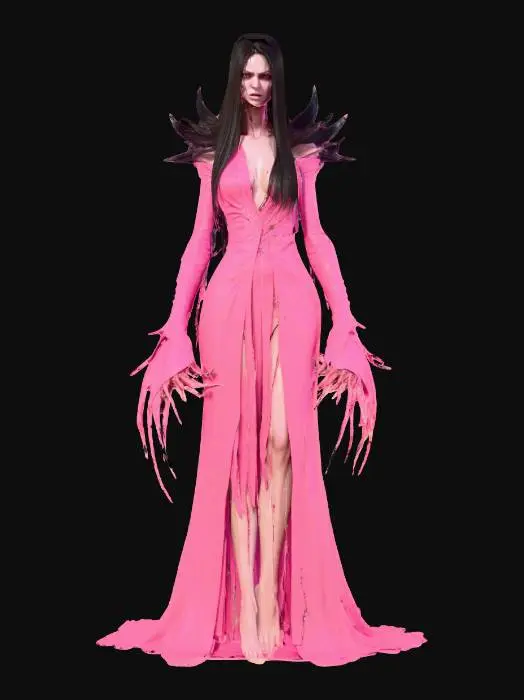 3D model for fantasy female banshee, slim elegant body, long straight hair sticking out like blades, elegant robe torn into individual shreds, hands ending in claws reaching forward, detailed nice terrifying female face, extremely detailed, high sharp resolution texture, hyperrealistic, epic stance