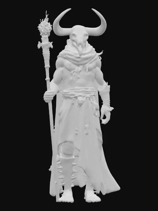 3D model for sci-fi shaman, body of modified nano-metal-plastic, buffalo skull design on head, metal sci-fi glowing staff in hand, detailed gloomy face, amulets hanging from body and symbols all over body, extremely detailed high-resolution texture, epic stance