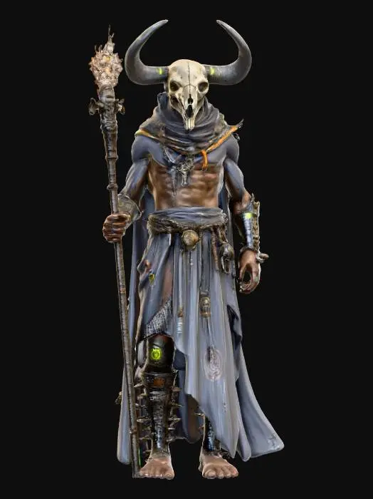 3D model for sci-fi shaman, body of modified nano-metal-plastic, buffalo skull design on head, metal sci-fi glowing staff in hand, detailed gloomy face, amulets hanging from body and symbols all over body, extremely detailed high-resolution texture, epic stance