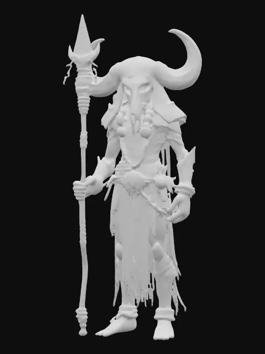 3D model for sci-fi shaman, body of modified nano-metal-plastic, buffalo skull design on head, metal sci-fi glowing staff in hand, detailed gloomy face, amulets hanging from body and symbols all over body, extremely detailed high-resolution texture, epic stance