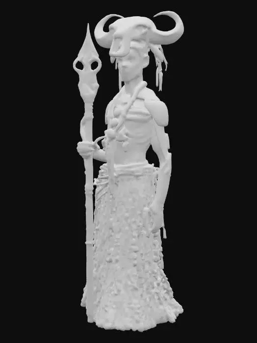 3D model for sci-fi shaman, body of modified nano-metal-plastic, buffalo skull design on head, metal sci-fi glowing staff in hand, detailed gloomy face, amulets hanging from body and symbols all over body, extremely detailed high-resolution texture, epic stance