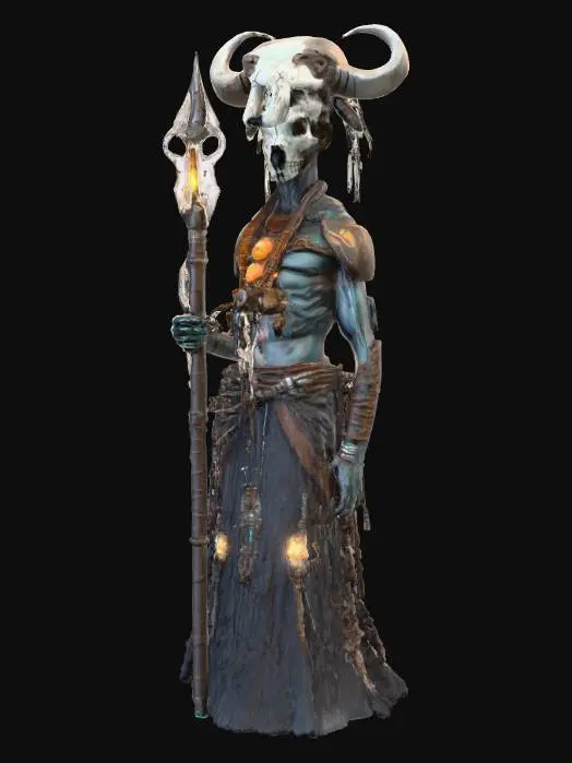 3D model for sci-fi shaman, body of modified nano-metal-plastic, buffalo skull design on head, metal sci-fi glowing staff in hand, detailed gloomy face, amulets hanging from body and symbols all over body, extremely detailed high-resolution texture, epic stance