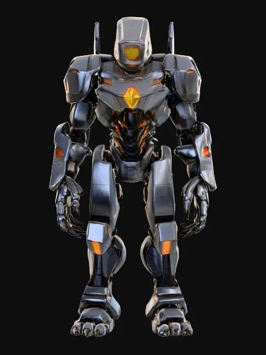 3D model for sci-fi robotic enforcer; humanoid but heavily mechanical; angular armored body with segmented plating; long clawed arms with sharp talons; digitigrade legs ending in hooked claws; head blocky with a single glowing visor of three orange horizontal slits; posture slightly hunched, built for intimidation and combat; dark metallic surface with worn scratched texture; glowing orange veins across joints; subtle sparks around claws; mysterious presence; extremely detailed, high resolution texture, epic stance