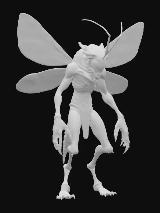 3D model for insectoid warrior; humanoid body fused with chitin and organic armor plates; large translucent veined wings extend from its back; elongated limbs with sharp clawed hands and feet; head insect-like with large glowing orange compound eyes and long antennae; posture aggressive and hovering in mid-air; surface dark green with bronze highlights and weathered texture; mysterious and menacing aura; extremely detailed, high resolution texture, epic stance, #PBR#
