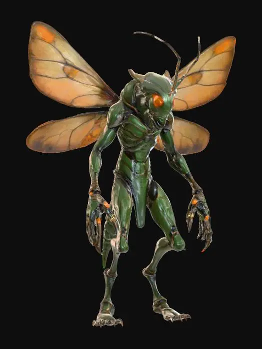 3D model for insectoid warrior; humanoid body fused with chitin and organic armor plates; large translucent veined wings extend from its back; elongated limbs with sharp clawed hands and feet; head insect-like with large glowing orange compound eyes and long antennae; posture aggressive and hovering in mid-air; surface dark green with bronze highlights and weathered texture; mysterious and menacing aura; extremely detailed, high resolution texture, epic stance, #PBR#