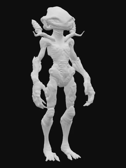 3D model for fantasy extraterrestrial entity; asymmetrical body with no humanoid features; central core of translucent mineral pulsating with inner light; multiple jointed limbs extending in irregular angles, ending in crystalline growths; surface made of layered organic stone and metallic veins; no face, only shifting patterns of bioluminescence across the body; movement is hovering and fluid, leaving faint distortions in the air; color scheme dark mineral tones with glowing teal and violet highlights; mysterious and incomprehensible presence; extremely detailed, high resolution texture, epic stance