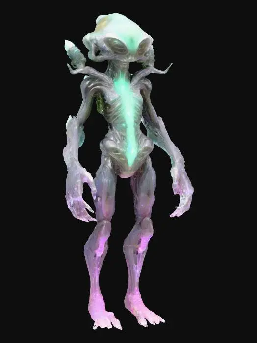 3D model for fantasy extraterrestrial entity; asymmetrical body with no humanoid features; central core of translucent mineral pulsating with inner light; multiple jointed limbs extending in irregular angles, ending in crystalline growths; surface made of layered organic stone and metallic veins; no face, only shifting patterns of bioluminescence across the body; movement is hovering and fluid, leaving faint distortions in the air; color scheme dark mineral tones with glowing teal and violet highlights; mysterious and incomprehensible presence; extremely detailed, high resolution texture, epic stance