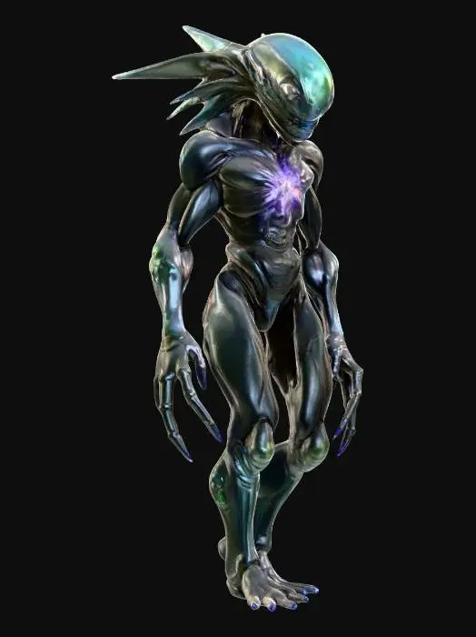 3D model for fantasy extraterrestrial entity; asymmetrical body with no humanoid features; central core of translucent mineral pulsating with inner light; multiple jointed limbs extending in irregular angles, ending in crystalline growths; surface made of layered organic stone and metallic veins; no face, only shifting patterns of bioluminescence across the body; movement is hovering and fluid, leaving faint distortions in the air; color scheme dark mineral tones with glowing teal and violet highlights; mysterious and incomprehensible presence; extremely detailed, high resolution texture, epic stance