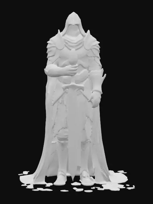 3D model for crystal-bearer warrior; tall armored figure with fractured stone and metal plates; chest pierced by a glowing crystal embedded deep within; left hand clutches an ancient lantern filled with shifting blue flame; right hand holds a heavy rune-etched blade; helm faceless, only a slit of radiant light shines through; cloak torn and trailing like smoke; posture solemn, walking as if carrying both burden and power; color scheme dark stone, silver, and glowing cyan; aura mystical, tragic, and powerful, extremely detailed, high resolution texture, epic stance