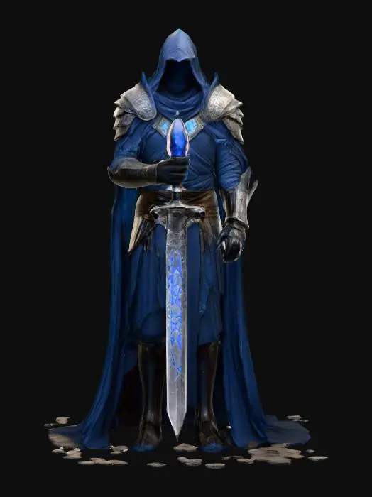 3D model for crystal-bearer warrior; tall armored figure with fractured stone and metal plates; chest pierced by a glowing crystal embedded deep within; left hand clutches an ancient lantern filled with shifting blue flame; right hand holds a heavy rune-etched blade; helm faceless, only a slit of radiant light shines through; cloak torn and trailing like smoke; posture solemn, walking as if carrying both burden and power; color scheme dark stone, silver, and glowing cyan; aura mystical, tragic, and powerful, extremely detailed, high resolution texture, epic stance