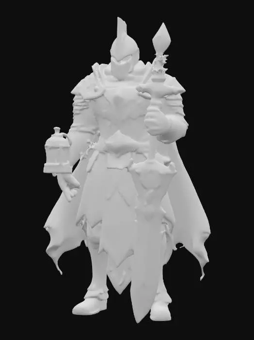 3D model for crystal-bearer warrior; tall armored figure with fractured stone and metal plates; chest pierced by a glowing crystal embedded deep within; left hand clutches an ancient lantern filled with shifting blue flame; right hand holds a heavy rune-etched blade; helm faceless, only a slit of radiant light shines through; cloak torn and trailing like smoke; posture solemn, walking as if carrying both burden and power; color scheme dark stone, silver, and glowing cyan; aura mystical, tragic, and powerful, extremely detailed, high resolution texture, epic stance
