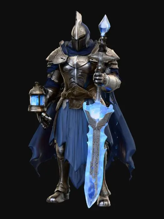 3D model for crystal-bearer warrior; tall armored figure with fractured stone and metal plates; chest pierced by a glowing crystal embedded deep within; left hand clutches an ancient lantern filled with shifting blue flame; right hand holds a heavy rune-etched blade; helm faceless, only a slit of radiant light shines through; cloak torn and trailing like smoke; posture solemn, walking as if carrying both burden and power; color scheme dark stone, silver, and glowing cyan; aura mystical, tragic, and powerful, extremely detailed, high resolution texture, epic stance