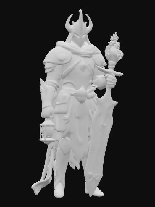 3D model for crystal-bearer warrior; tall armored figure with fractured stone and metal plates; chest pierced by a glowing crystal embedded deep within; left hand clutches an ancient lantern filled with shifting blue flame; right hand holds a heavy rune-etched blade; helm faceless, only a slit of radiant light shines through; cloak torn and trailing like smoke; posture solemn, walking as if carrying both burden and power; color scheme dark stone, silver, and glowing cyan; aura mystical, tragic, and powerful, extremely detailed, high resolution texture, epic stance