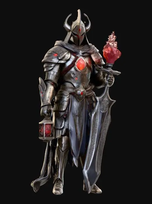 3D model for crystal-bearer warrior; tall armored figure with fractured stone and metal plates; chest pierced by a glowing crystal embedded deep within; left hand clutches an ancient lantern filled with shifting blue flame; right hand holds a heavy rune-etched blade; helm faceless, only a slit of radiant light shines through; cloak torn and trailing like smoke; posture solemn, walking as if carrying both burden and power; color scheme dark stone, silver, and glowing cyan; aura mystical, tragic, and powerful, extremely detailed, high resolution texture, epic stance