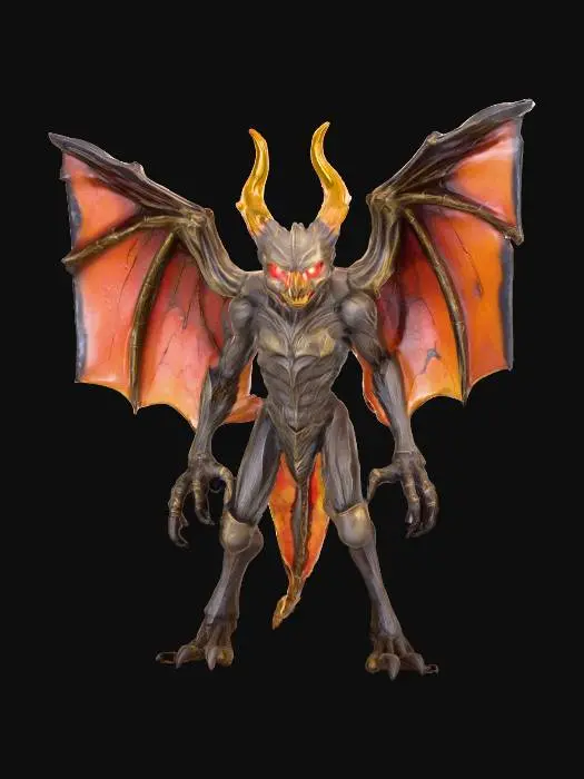 3D model for bat lantern monster; body shaped like an ancient iron lantern glowing with intense golden-white light; large bat wings extend from its sides, torn and leathery; bottom of the lantern morphs into clawed talons gripping the ground; instead of a handle, a twisted bat head emerges with glowing red eyes; light inside flickers like a living flame, casting long shadows; aura mystical, radiant and terrifying; extremely detailed, high resolution texture, epic stance
