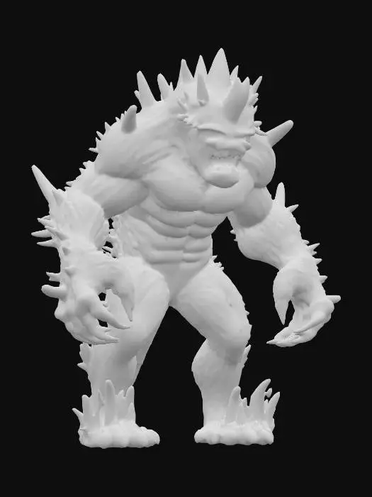 3D model for fantasy forest scary monster, massive muscular body standing on its hind legs, front paws with claws extended forward to attack, body covered with thick fur, sharp poisonous spines grow from the body, scary detailed mouth full of fangs, whole body glows with yellow-green forest energy, extremely detailed, high resolution texture, hyperrealistic, epic stance