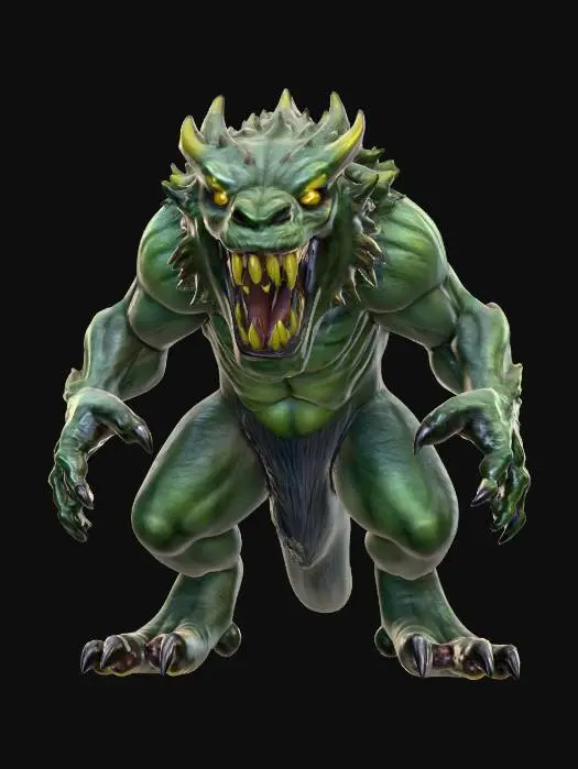 3D model for fantasy forest scary monster, massive muscular body standing on its hind legs, front paws with claws extended forward to attack, body covered with thick fur, sharp poisonous spines grow from the body, scary detailed mouth full of fangs, whole body glows with yellow-green forest energy, extremely detailed, high resolution texture, hyperrealistic, epic stance