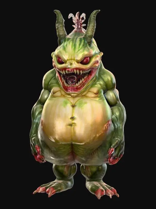 3D model for fantasy devil melon, massive humanoid body, massive mouth with fangs, paws ending in claws, horror face, extremely detailed, high resolution texture, epic stance, #food#