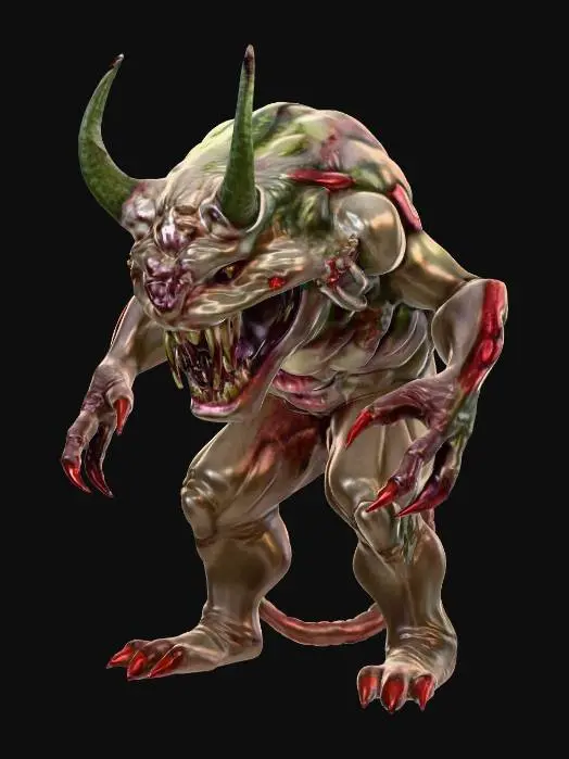 3D model for fantasy devil melon, massive humanoid body, massive mouth with fangs, paws ending in claws, horror face, extremely detailed, high resolution texture, epic stance, #food#