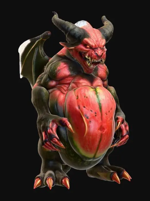 3D model for fantasy devil melon, massive humanoid body, massive mouth with fangs, paws ending in claws, horror face, extremely detailed, high resolution texture, epic stance, #food#