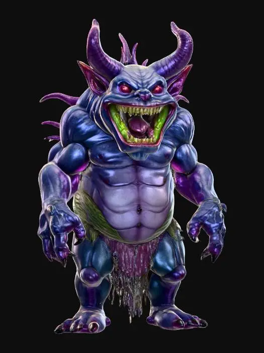 3D model for fantasy devil melon, massive humanoid body, massive mouth with fangs, paws ending in claws, horror face, extremely detailed, high resolution texture, epic stance, #food#