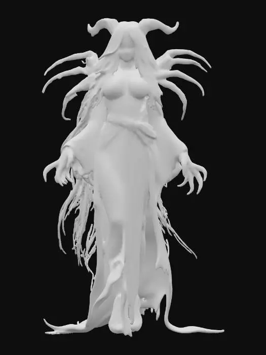 3D model for fantasy female banshee, slim elegant body, long straight hair sticking out like blades, elegant robe torn into individual shreds, hands ending in claws reaching forward, detailed nice terrifying female face, extremely detailed, high sharp resolution texture, hyperrealistic, epic stance