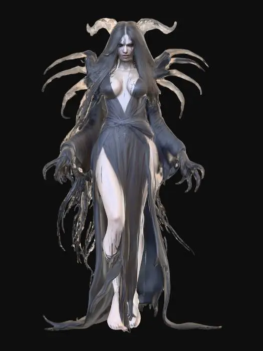3D model for fantasy female banshee, slim elegant body, long straight hair sticking out like blades, elegant robe torn into individual shreds, hands ending in claws reaching forward, detailed nice terrifying female face, extremely detailed, high sharp resolution texture, hyperrealistic, epic stance